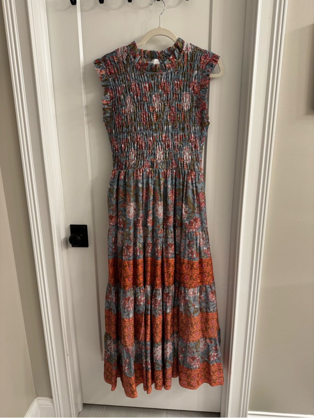 Calypso, Smocked Floral Maxi Dress in Blue and Orange, size medium